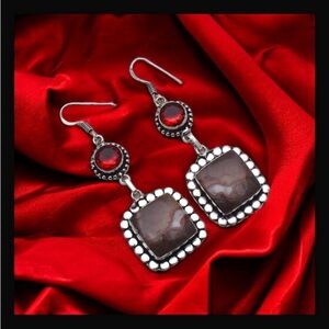 Coconut Jasper & Garnet Handcrafted Drop Dangle Hook Style Earrings  2.6" NWT